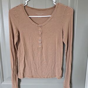American Eagle Womans XS Brown And White Striped Long Sleeve Shirt